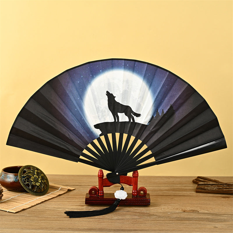 Buddha Stones Dragon Phoenix Tiger Crane Eagle Wolf Koi Fish Handheld Folding Fan Lotus Tassel Fan