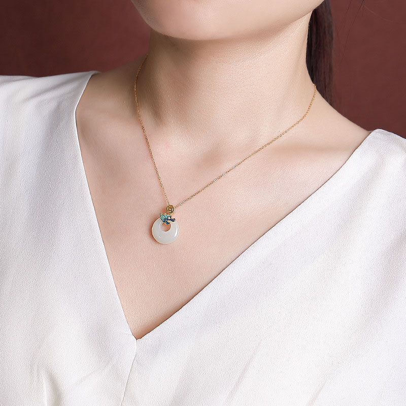 Buddha Stones 925 Sterling Silver Plated Gold Year of the Dragon Hetian Jade Peace Buckle Copper Coin Abundance Necklace Pendant - image 4