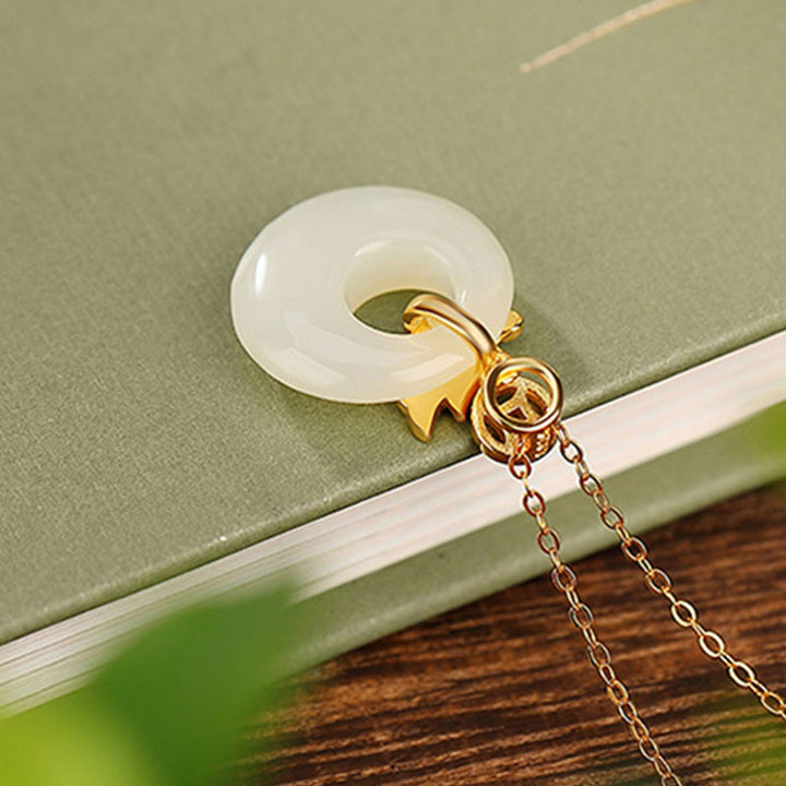 Buddha Stones 925 Sterling Silver Plated Gold Year of the Dragon Hetian Jade Peace Buckle Copper Coin Abundance Necklace Pendant - image 3