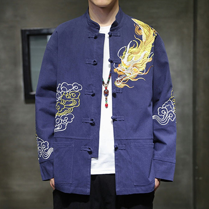 Buddha Stones Dragon Auspicious Cloud Embroidery Clothing Chinese Tang Suit Jacket Men Clothing