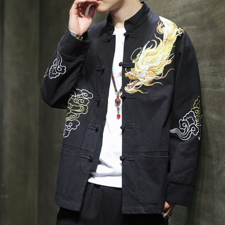 Buddha Stones Dragon Auspicious Cloud Embroidery Clothing Chinese Tang Suit Jacket Men Clothing