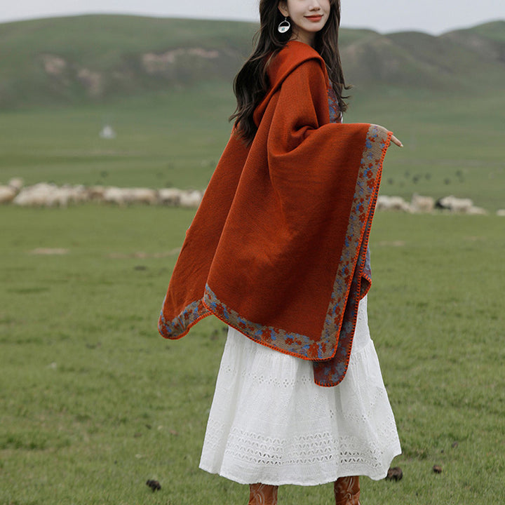 Buddha Stones Tibetan Shawl Border Small Floral Flower Hooded Cloak Winter Cozy Travel Scarf Wrap - image 8