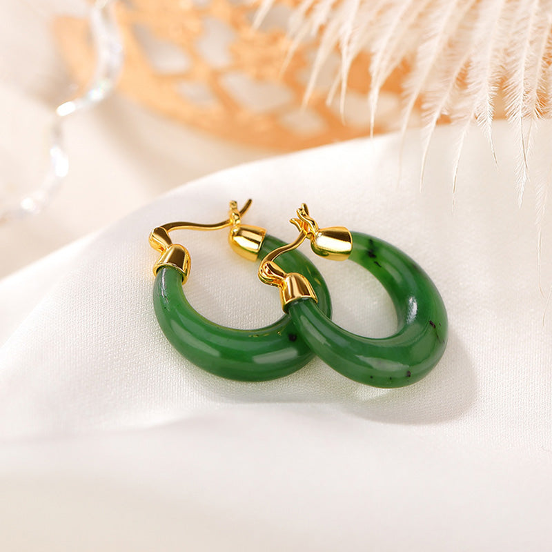 Buddha Stones 925 Sterling Silver Plated Gold Natural Round Hetian Cyan Jade Luck Drop Earrings - image 1
