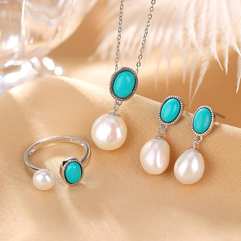 Buddha Stones 925 Sterling Silver Pearl Turquoise Healing Wisdom Necklace Pendant Ring Earrings - Set (Necklace+Ring+Earrings) - image 0