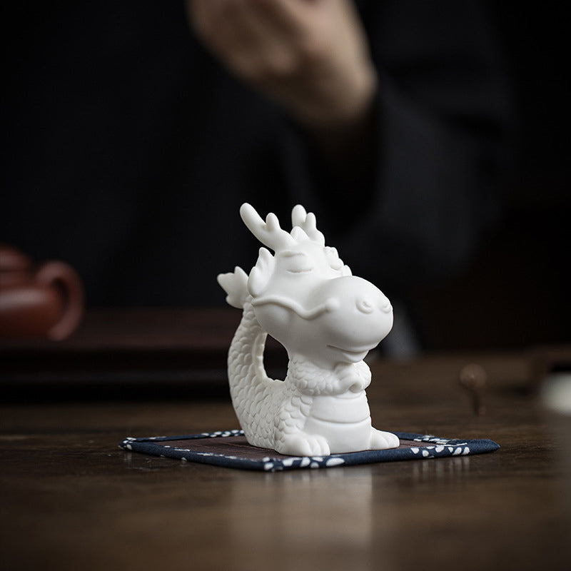 Buddha Stones Year Of The Dragon Luck White Porcelain Ceramic Tea Pet Home Figurine Decoration - Dragon 4.3cm*5.9cm*8.6cm&Bamboo Mat - image 0