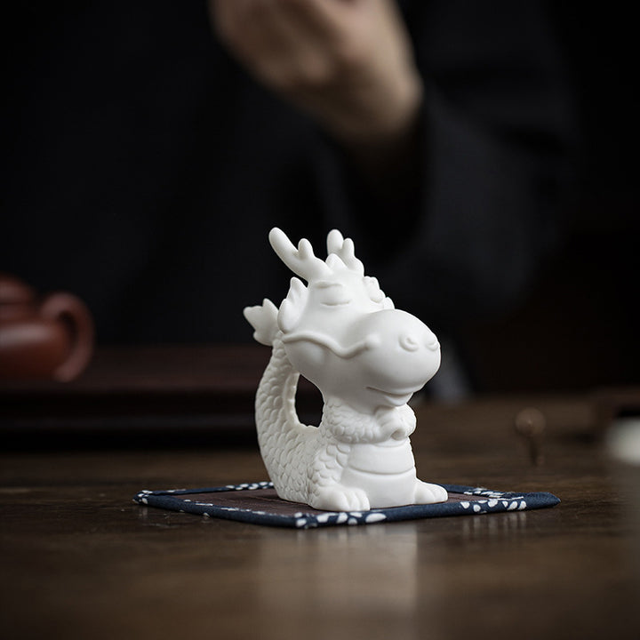 Buddha Stones Year Of The Dragon Luck White Porcelain Ceramic Tea Pet Home Figurine Decoration - Dragon 4.3cm*5.9cm*8.6cm&Bamboo Mat - image 0