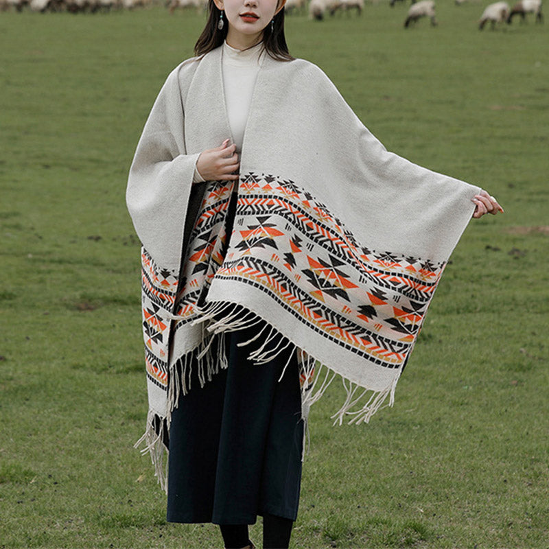 Buddha Stones Tibetan Shawl Colorful Geometry Winter Cozy Travel Scarf Wrap - Beige Brown 150*130cm - image 0