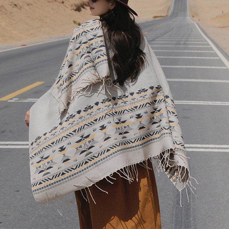 Buddha Stones Tibetan Shawl Colorful Geometry Winter Cozy Travel Scarf Wrap - Beige 150*130cm - image 25