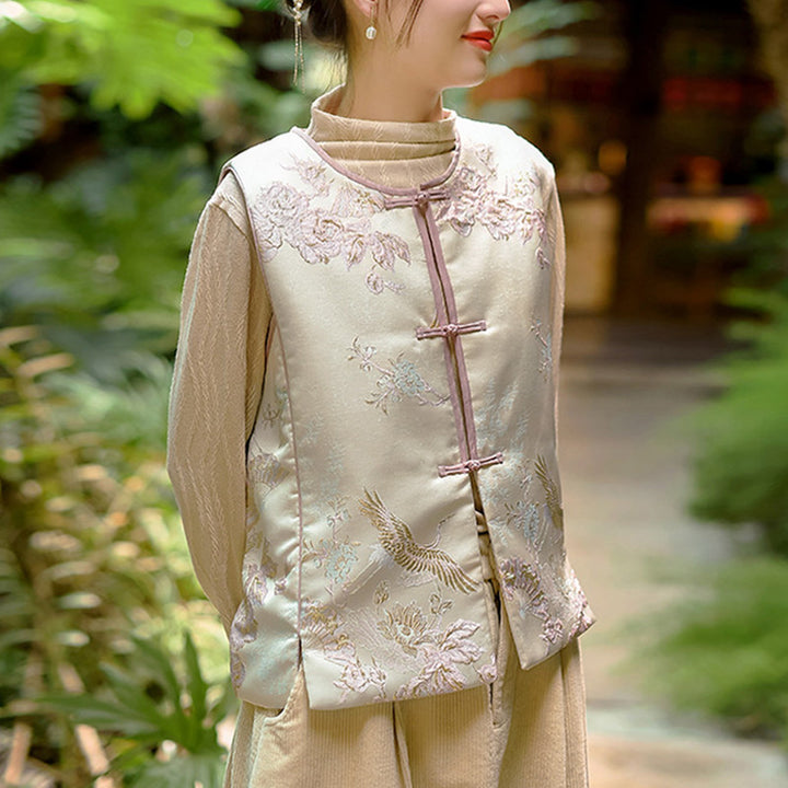 Buddha Stones Crane Flowers Grass Embroidery Clothing Chinese Vest Women Clothing