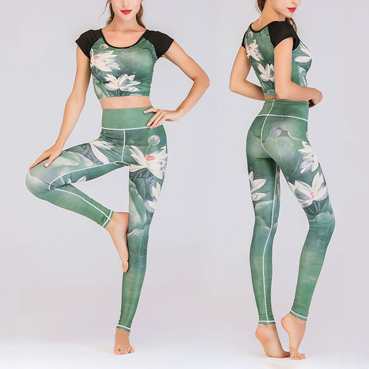 Buddha Stones 2Pcs Lotus Phoenix Spring Flowers Peacock Top Pants Sports Fitness Yoga Women's Yoga Sets