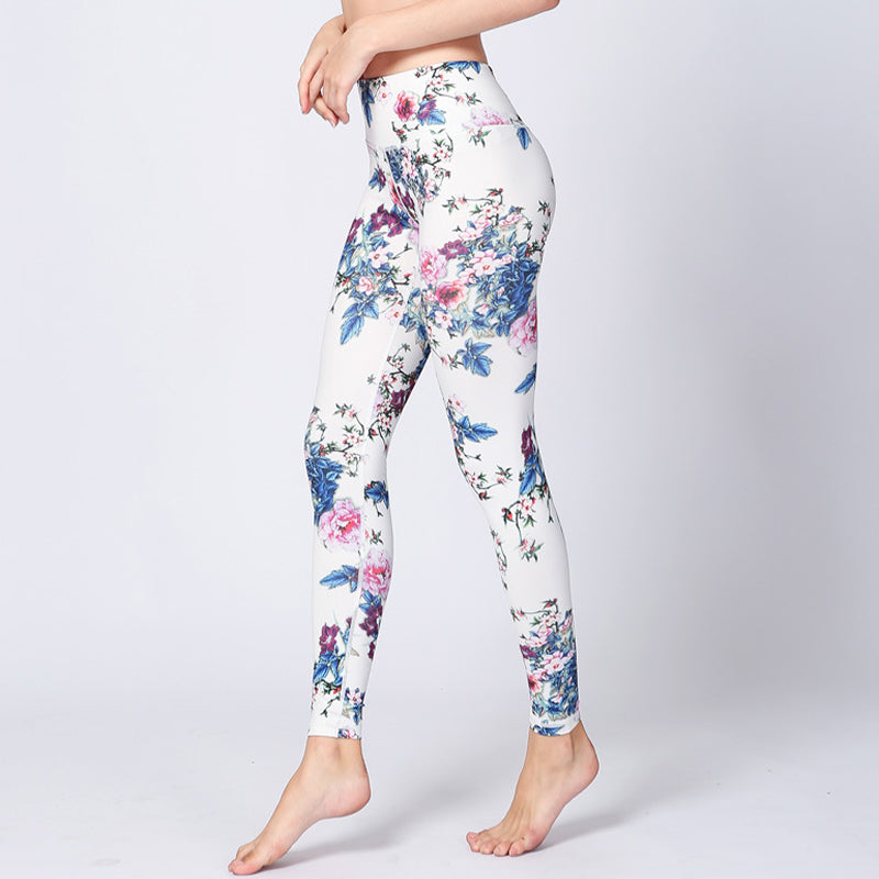 Buddha Stones Pink Flower White Colorful Ink White Leggings Sports Fitness Yoga Women's Pants - Pink Flower White - US8-10，UK/AU12-14，EU40-42 (XL) - image 0