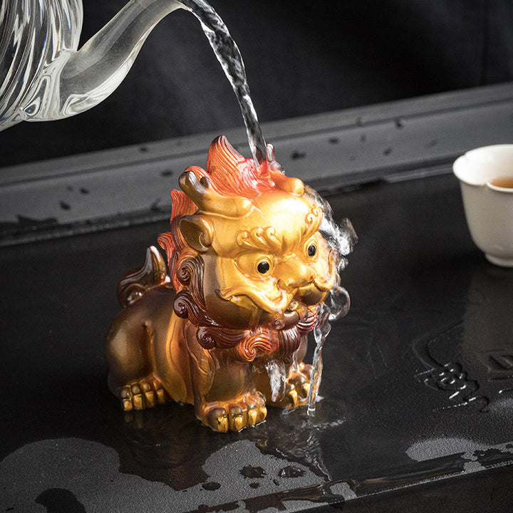 Buddha Stones Color Changing Small PiXiu Resin Tea Pet Wealth Home Figurine Decoration - Golden Pixiu 7.7cm*10.6cm*11.6cm - image 0