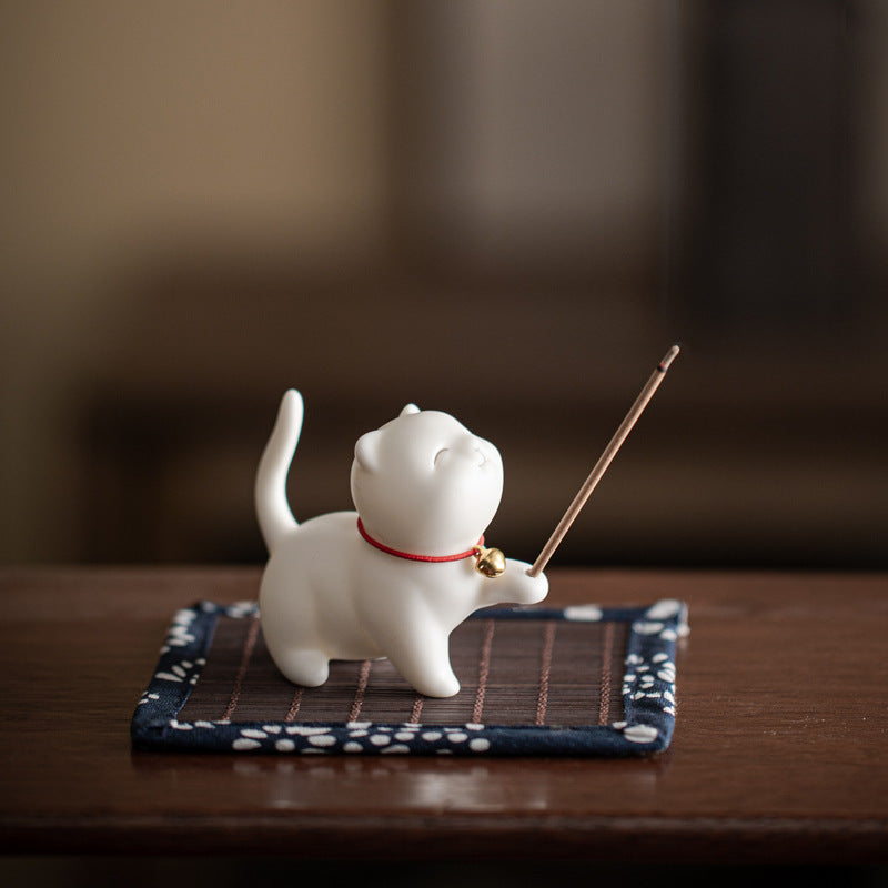 Buddha Stones Mini Lucky Cat Kitten Tea Pet Ceramic Home Desk Figurine Decoration With Bamboo Mat - White Kitten 6.2cm*3.2cm*5.6cm - image 1
