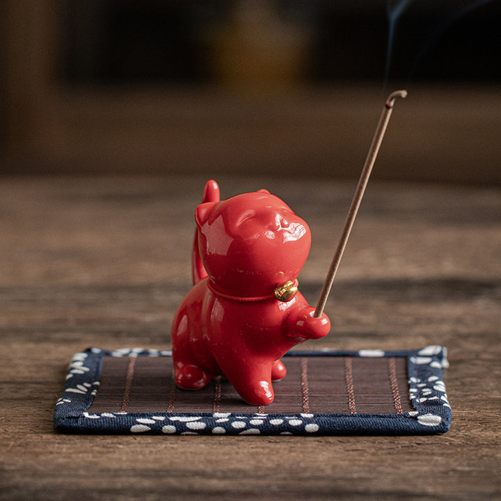Buddha Stones Mini Lucky Cat Kitten Tea Pet Ceramic Home Desk Figurine Decoration With Bamboo Mat - Red Kitten 6.2cm*3.2cm*5.6cm - image 17