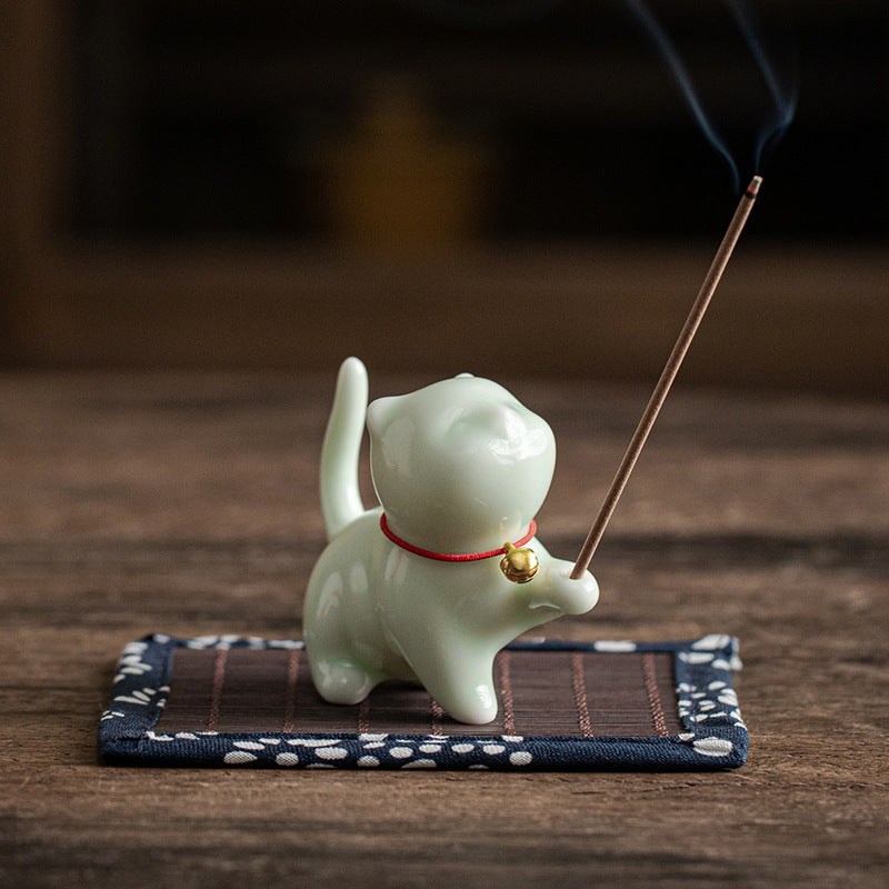 Buddha Stones Mini Lucky Cat Kitten Tea Pet Ceramic Home Desk Figurine Decoration With Bamboo Mat - Green Kitten 6.2cm*3.2cm*5.6cm - image 12