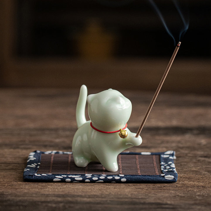 Buddha Stones Mini Lucky Cat Kitten Tea Pet Ceramic Home Desk Figurine Decoration With Bamboo Mat - Green Kitten 6.2cm*3.2cm*5.6cm - image 12