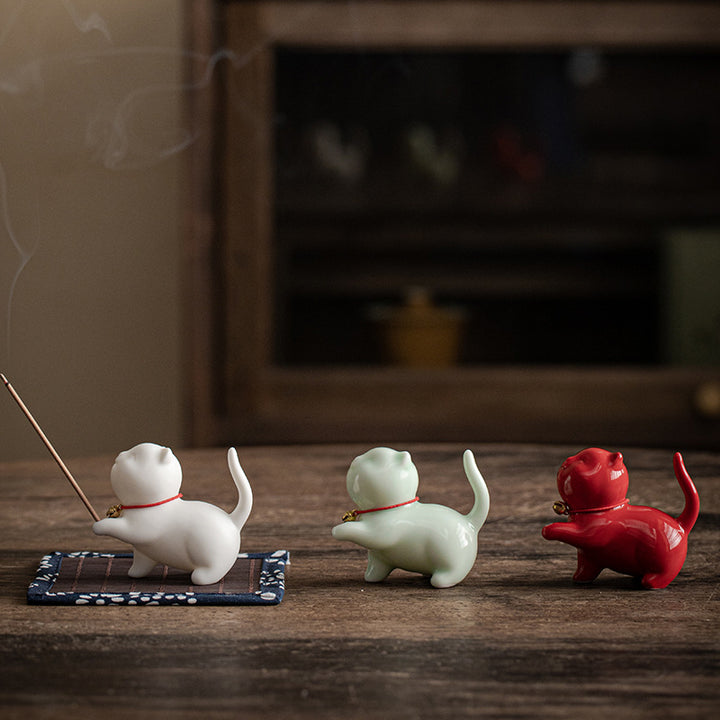 Buddha Stones Mini Lucky Cat Kitten Tea Pet Ceramic Home Desk Figurine Decoration With Bamboo Mat - image 18