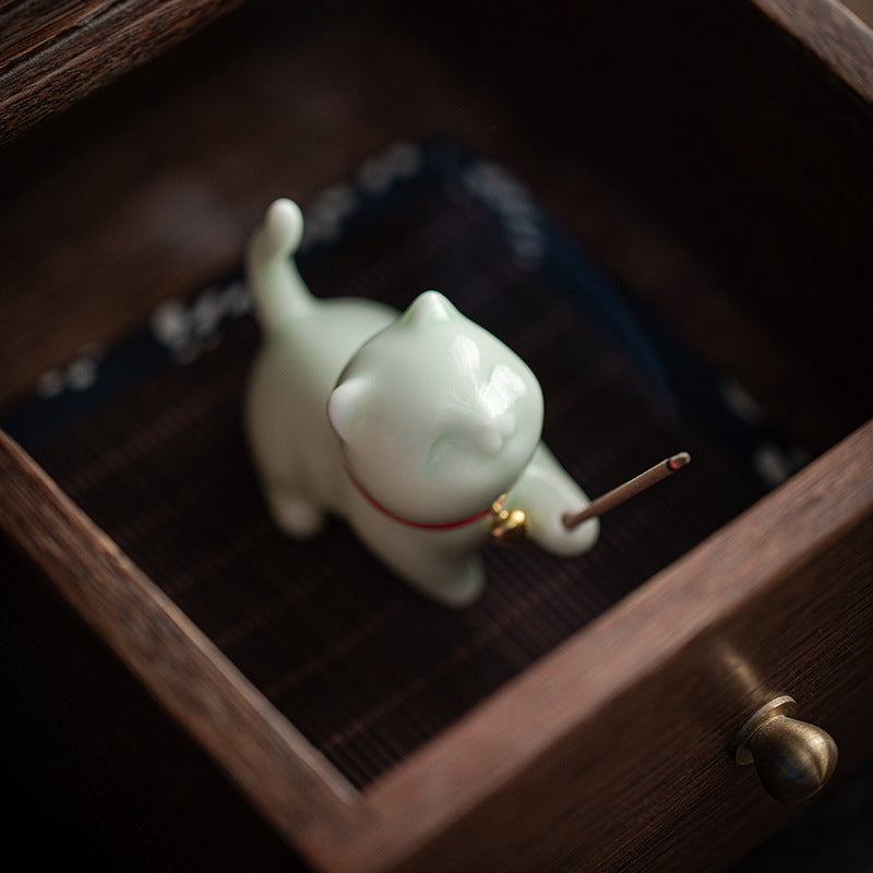 Buddha Stones Mini Lucky Cat Kitten Tea Pet Ceramic Home Desk Figurine Decoration With Bamboo Mat - image 14