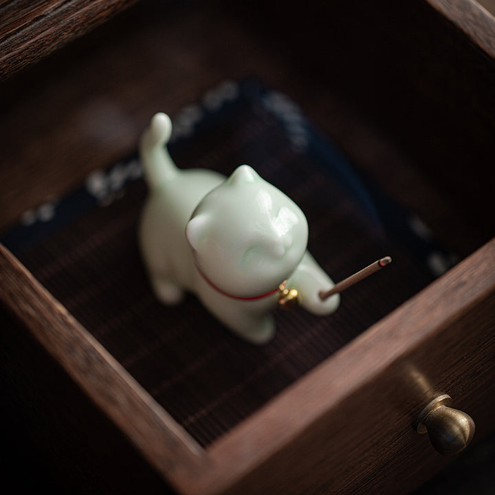 Buddha Stones Mini Lucky Cat Kitten Tea Pet Ceramic Home Desk Figurine Decoration With Bamboo Mat - image 14
