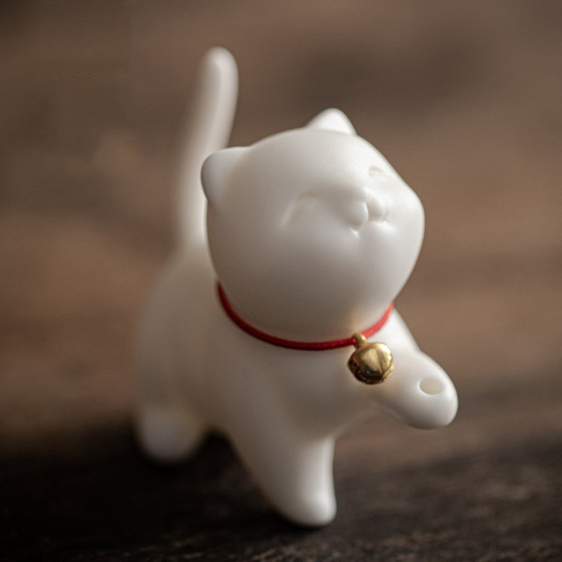 Buddha Stones Mini Lucky Cat Kitten Tea Pet Ceramic Home Desk Figurine Decoration With Bamboo Mat - image 7