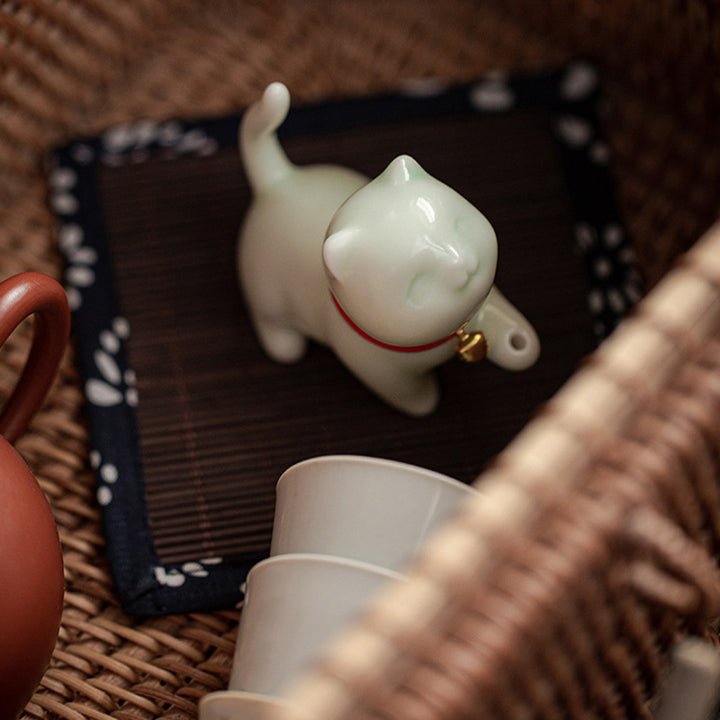 Buddha Stones Mini Lucky Cat Kitten Tea Pet Ceramic Home Desk Figurine Decoration With Bamboo Mat - image 16