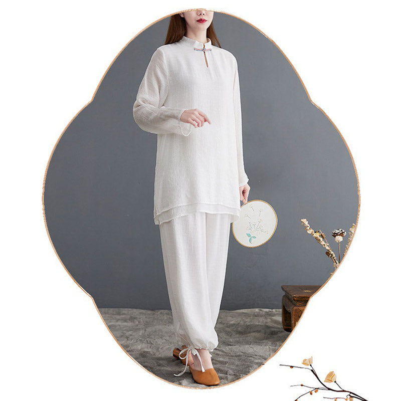 Buddha Stones 2Pcs Tai Chi Meditation Yoga Zen Spiritual Cotton Linen Clothing Top Pants Women's Set