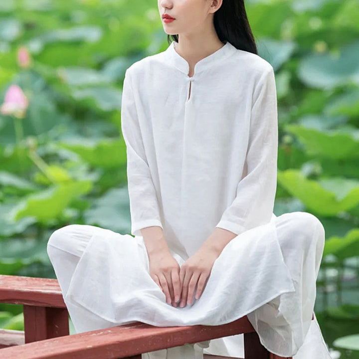 Buddha Stones 2Pcs White Tai Chi Meditation Yoga Zen Cotton Linen Clothing Top Pants Women's Set - White(Top&Pants)-US8-10，UK/AU12-14，EU40-42 (2XL) - image 0