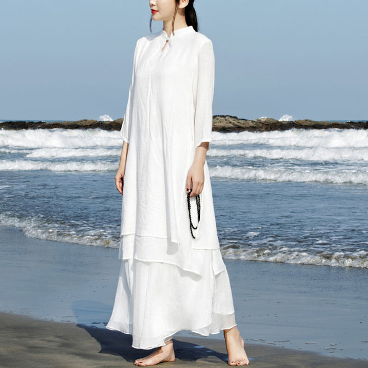 Buddha Stones 2Pcs White Tai Chi Meditation Yoga Zen Cotton Linen Clothing Top Pants Women's Set - image 1