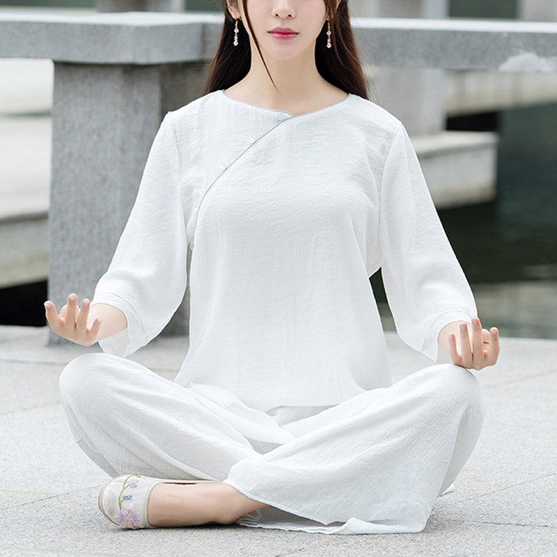 Buddha Stones 2Pcs Simple Design White Top Pants Meditation Yoga Zen Tai Chi Cotton Linen Clothing Women's Set - White(Top&Pants)-US8-10，UK/AU12-14，EU40-42 (3XL) - image 1