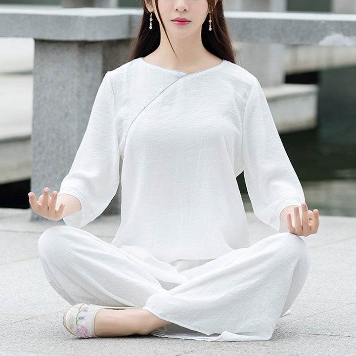Buddha Stones 2Pcs Simple Design White Top Pants Meditation Yoga Zen Tai Chi Cotton Linen Clothing Women's Set - White(Top&Pants)-US8-10，UK/AU12-14，EU40-42 (3XL) - image 1