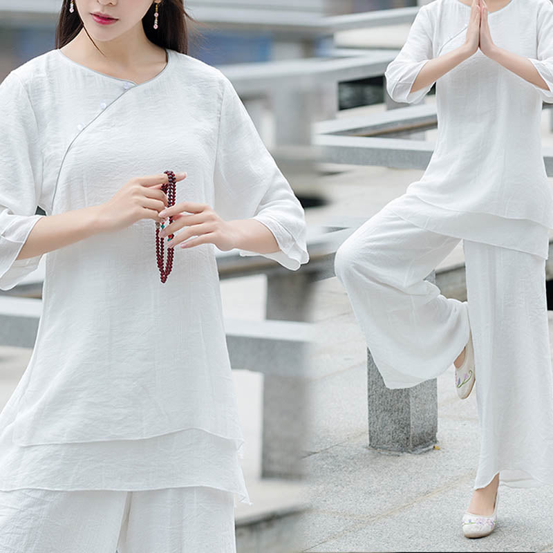 Buddha Stones 2Pcs Simple Design White Top Pants Meditation Yoga Zen Tai Chi Cotton Linen Clothing Women's Set - image 2