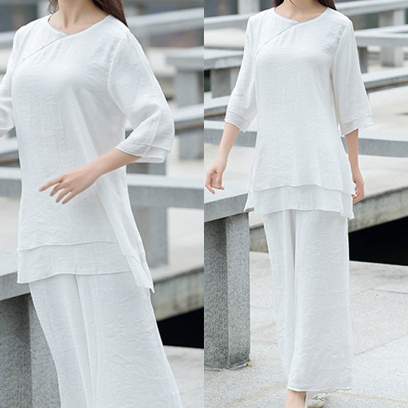 Buddha Stones 2Pcs Simple Design White Top Pants Meditation Yoga Zen Tai Chi Cotton Linen Clothing Women's Set - image 3