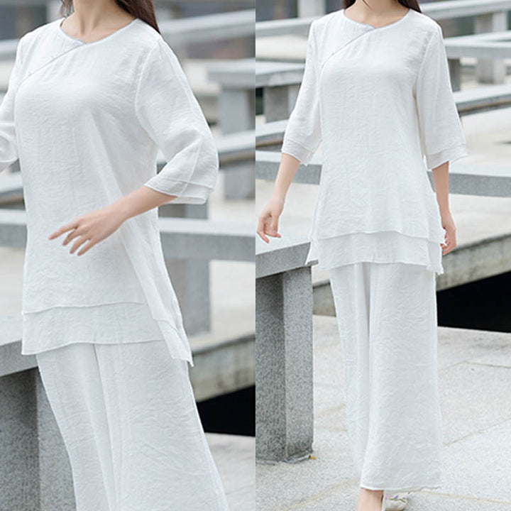 Buddha Stones 2Pcs Simple Design White Top Pants Meditation Yoga Zen Tai Chi Cotton Linen Clothing Women's Set - image 3