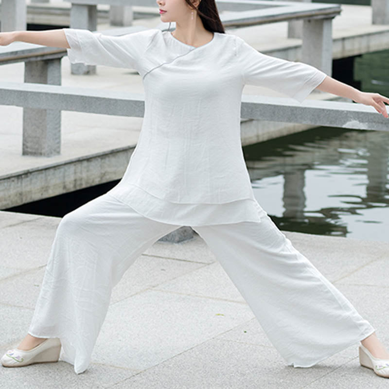 Buddha Stones 2Pcs Simple Design White Top Pants Meditation Yoga Zen Tai Chi Cotton Linen Clothing Women's Set - image 5