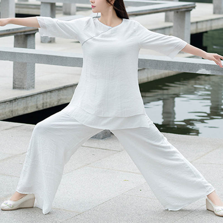 Buddha Stones 2Pcs Simple Design White Top Pants Meditation Yoga Zen Tai Chi Cotton Linen Clothing Women's Set - image 5