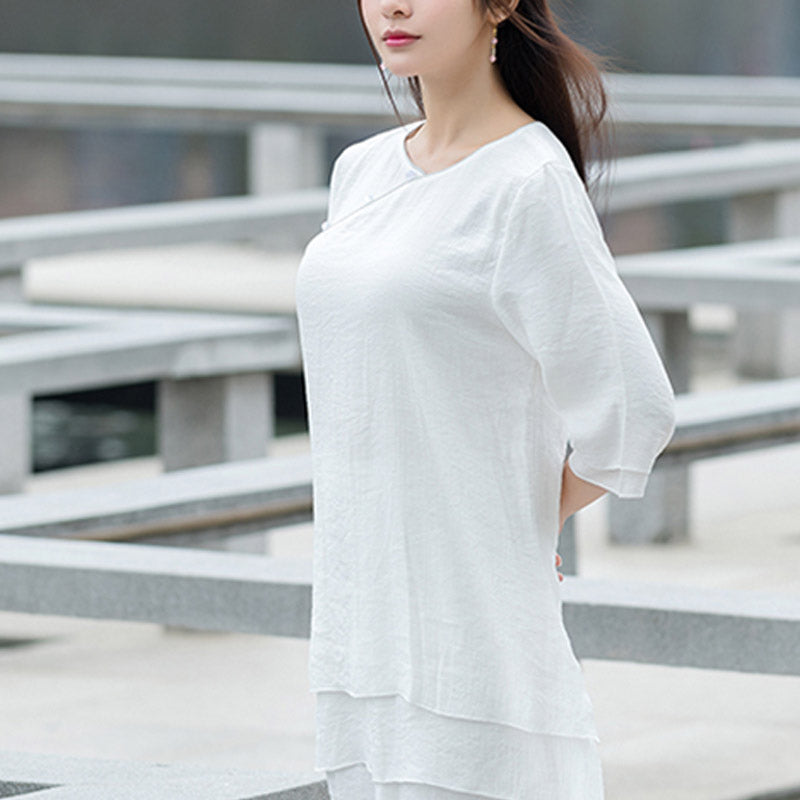 Buddha Stones 2Pcs Simple Design White Top Pants Meditation Yoga Zen Tai Chi Cotton Linen Clothing Women's Set - image 8