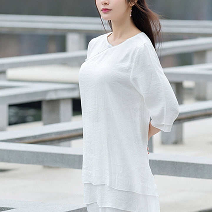 Buddha Stones 2Pcs Simple Design White Top Pants Meditation Yoga Zen Tai Chi Cotton Linen Clothing Women's Set - image 8