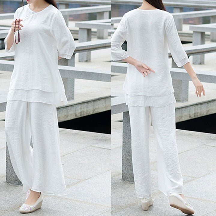 Buddha Stones 2Pcs Simple Design White Top Pants Meditation Yoga Zen Tai Chi Cotton Linen Clothing Women's Set - image 4