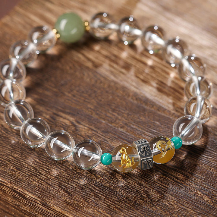 Buddha Stones 925 Sterling Silver Chinese Zodiac Natal Buddha Auspicious Groups White Crystal Hetian Jade Healing Bracelet - Pig Auspicious Groups: Pig/Rabbit/Goat - 10mm(Wrist Circumference 14-16cm) - image 0