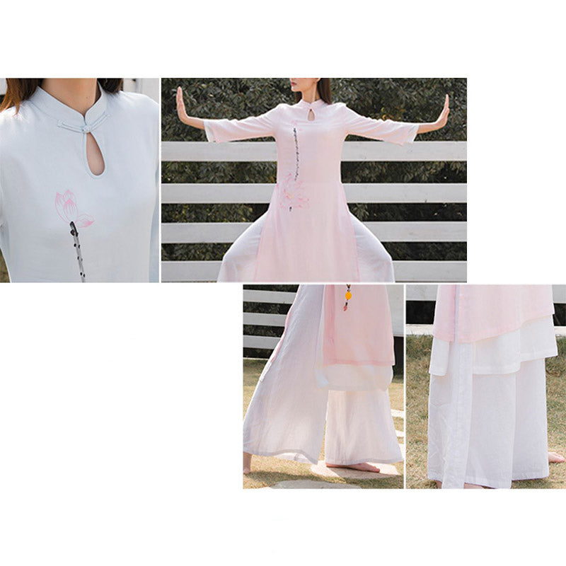 Buddha Stones 2Pcs Lotus Pattern Tai Chi Meditation Yoga Cotton Linen Clothing Top Pants Women's Set - image 23