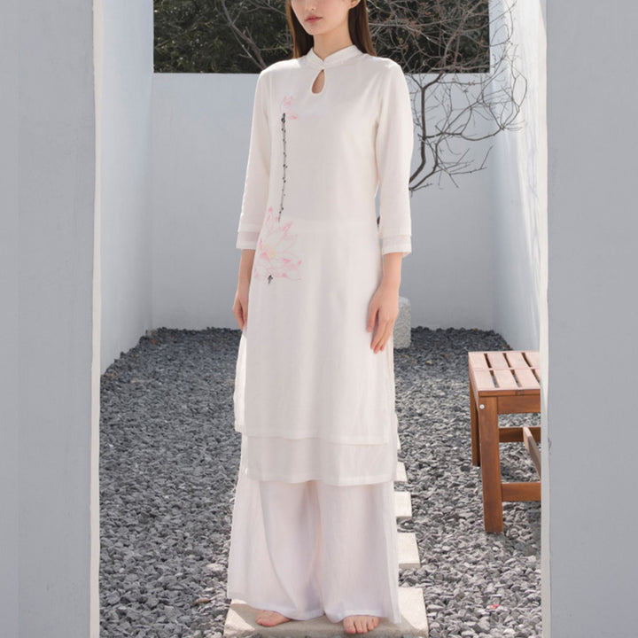 Buddha Stones 2Pcs Lotus Pattern Tai Chi Meditation Yoga Cotton Linen Clothing Top Pants Women's Set - image 5