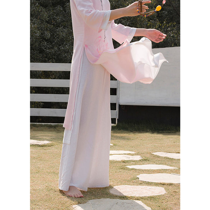 Buddha Stones 2Pcs Lotus Pattern Tai Chi Meditation Yoga Cotton Linen Clothing Top Pants Women's Set - image 19