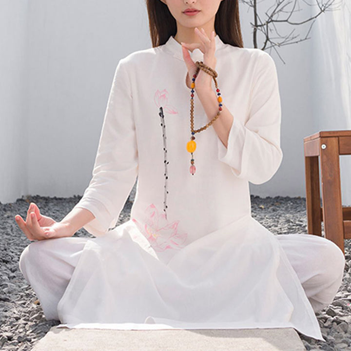 Buddha Stones 2Pcs Lotus Pattern Tai Chi Meditation Yoga Cotton Linen Clothing Top Pants Women's Set - image 4
