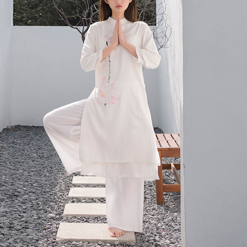Buddha Stones 2Pcs Lotus Pattern Tai Chi Meditation Yoga Cotton Linen Clothing Top Pants Women's Set - image 1