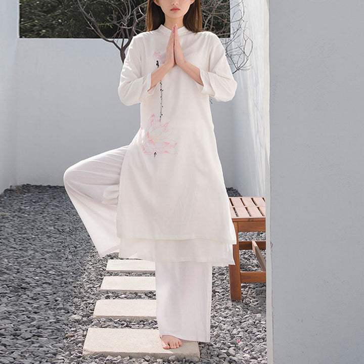 Buddha Stones 2Pcs Lotus Pattern Tai Chi Meditation Yoga Cotton Linen Clothing Top Pants Women's Set - image 1