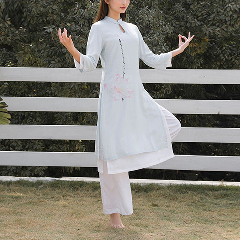 Buddha Stones 2Pcs Lotus Pattern Tai Chi Meditation Yoga Cotton Linen Clothing Top Pants Women's Set - image 12