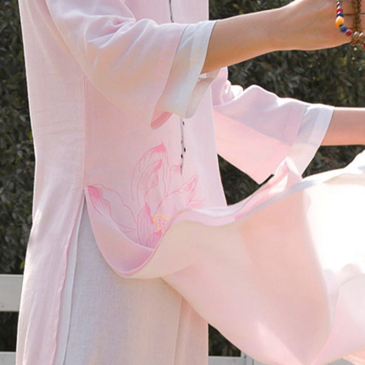Buddha Stones 2Pcs Lotus Pattern Tai Chi Meditation Yoga Cotton Linen Clothing Top Pants Women's Set - image 17