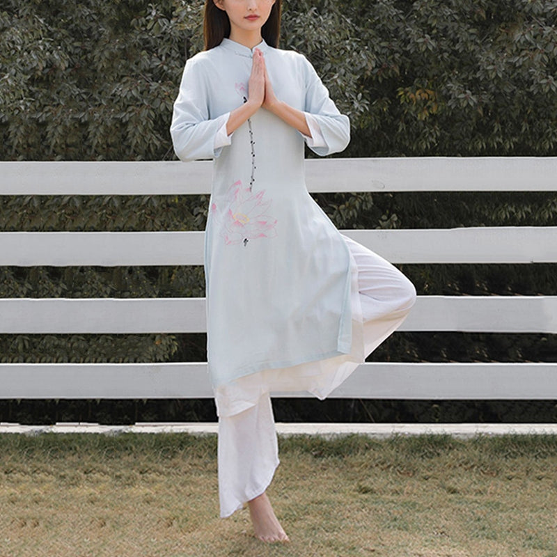 Buddha Stones 2Pcs Lotus Pattern Tai Chi Meditation Yoga Cotton Linen Clothing Top Pants Women's Set - image 7