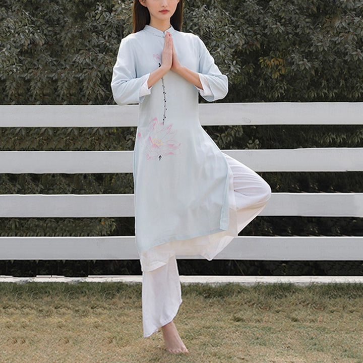 Buddha Stones 2Pcs Lotus Pattern Tai Chi Meditation Yoga Cotton Linen Clothing Top Pants Women's Set - image 7