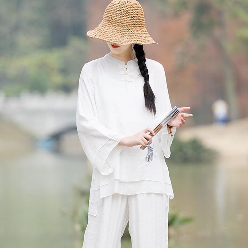 Buddha Stones 2Pcs Plain Design Top Pants Meditation Yoga Zen Tai Chi Cotton Linen Clothing Women's Set - image 17